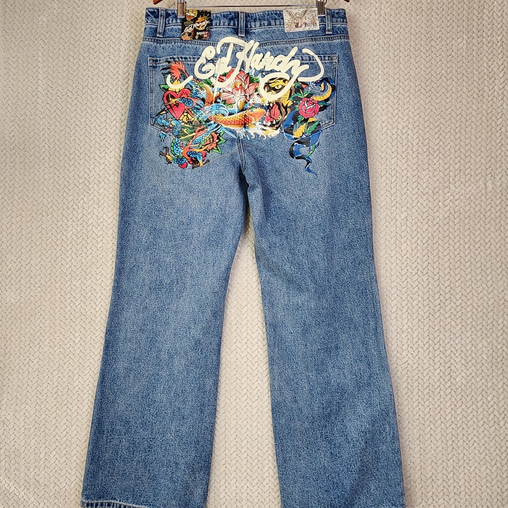 Ed‎ Hardy Baggy Jeans Womens 34 Full Print Back Side Y2K 90s WEHD8100-3 NWT